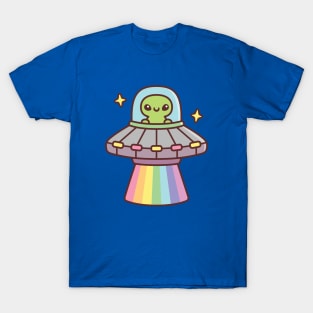 Cute Alien In UFO Spaceship With Rainbow Ray T-Shirt